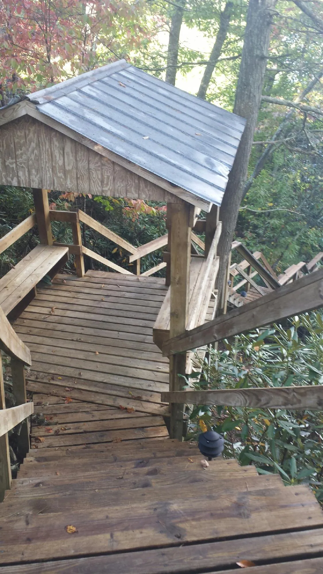 Metal roofed shelter over wooden steps on a wooded walkway — Skylight Repair & Installation work by our crew in Darby